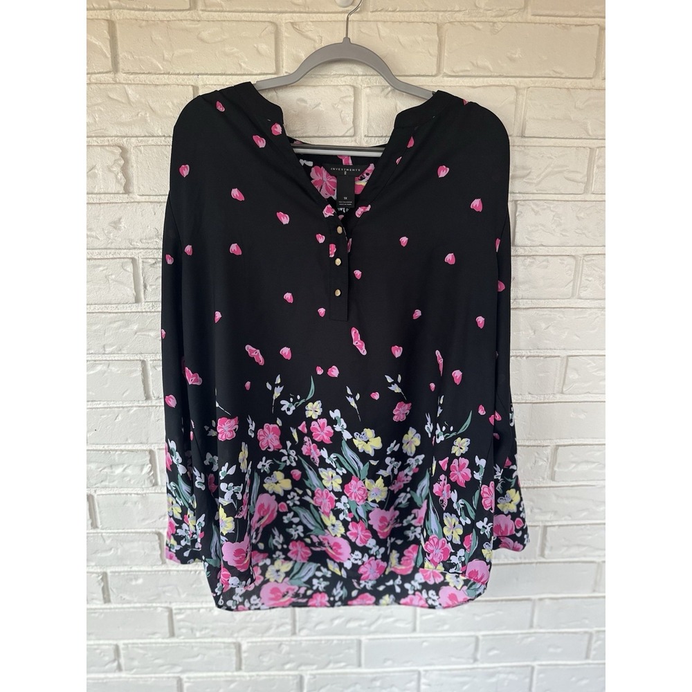 Investments II Women's Plus Size 1X Chiffon Blouse Black & Pink Floral Tunic‎